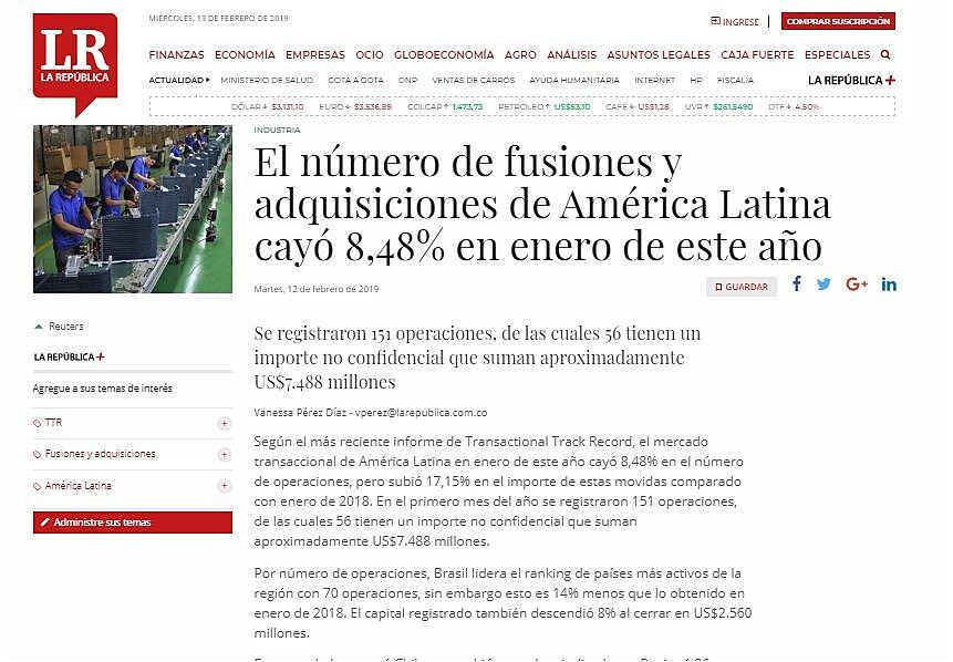 El nmero de fusiones y adquisiciones de Amrica Latina cay 8,48% en enero de este ao